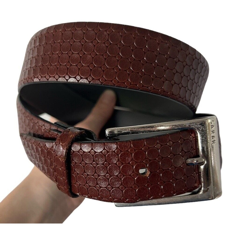 Sarar Brown Circle Print Leather Belt 33-37 Inch Waist Made In Turkey